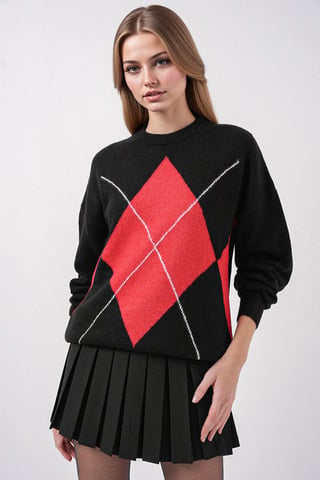 Oversized Argyle Rundhals-Pullover