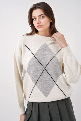 Übergroßer Argyle Rundhals-Pullover