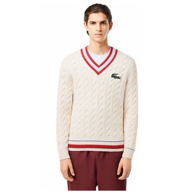 Lacoste - Pullover Top für Herren/Damen Unisex, Gerippter Ärmelaufschlag, Mit Zopfmuster, Regulär (Cremefarbe/Rot)