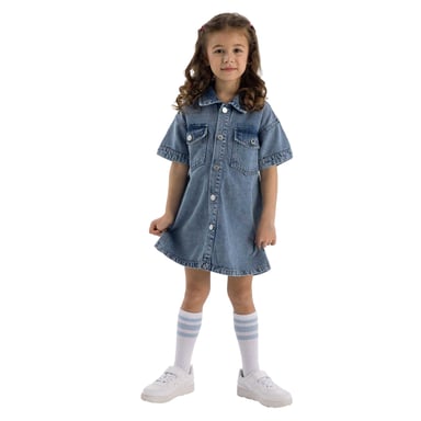 Minoti - Kleid für Mädchen, Mit Kragen, Denim, kurzärmlig (Blau)