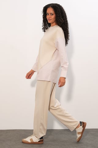 Gestreiftes Langarm Crew Neck Zweiteiliges Set