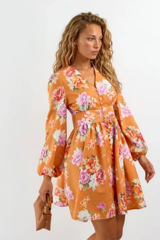 MSN Collection Rüschiges Minikleid mit floralem V-Ausschnitt - Orange