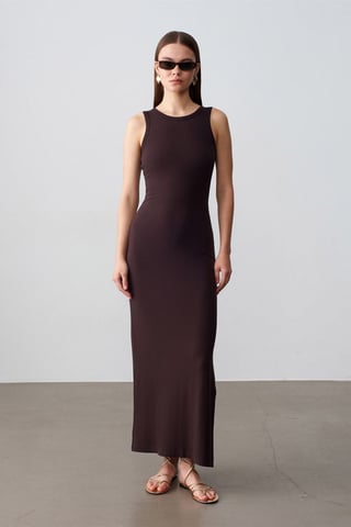 Rippoptik Ärmelloses Bodycon-Maxikleid