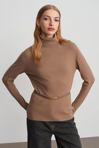 Damen Strickpullover mit Gürtel und Rollkragen