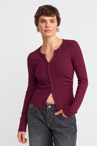 Slim Fit Rippstruktur Bluse mit Knopfleiste