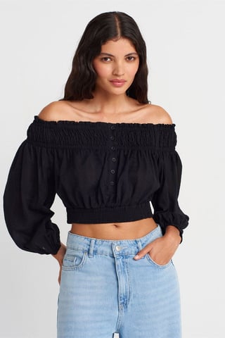 Dilvin Schulterfreies Crop-Top - Schwarz