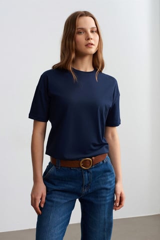 Dilvin Baumwoll-T-Shirt für Damen mit Rundhalsausschnitt - Marineblau