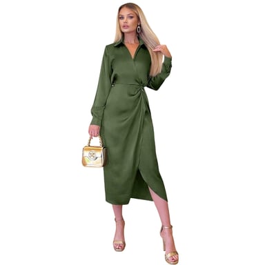 AX Paris - Midi Hemd Kleid für Damen, Satin (Oliv)
