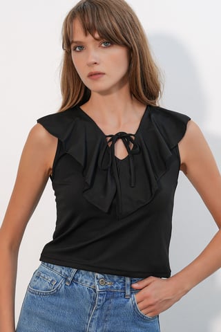 Damen Unifarbene Strick-Crop-Bluse mit Bindeband vorne