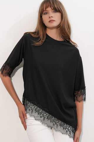 Big Dart Oversized Spitzenstrickbluse - Schwarz