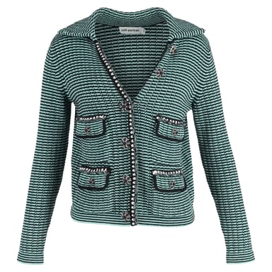 Selbstporträt-Streifen-Cardigan mit Taschendetails und Kragen aus grüner Wolle