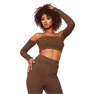 Missy Empire - Kurzes Top für Damen, Schulterfrei, gerippt (Schokolade)