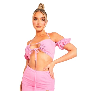Missy Empire - Kurzes Top für Damen, Vorne gebunden, Leinen (Pink)