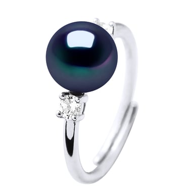 Ring Verstellbar Süßwasserperle 7-8mm Schwarz Zirkoniumoxide und 925