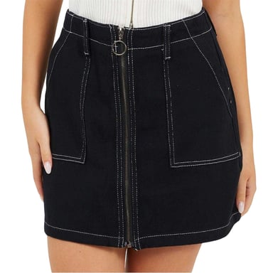 Brave Soul - Minirock für Damen, Durchgehender Reißverschluss, Denim, Hoch geschnitten (Schwarz/Weiß)