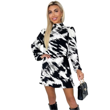 AX Paris - Kleid mit ausgestelltem Rock für Damen, Polyester, Langärmlig (Schwarz/Weiß)