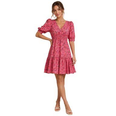 Boss - "Dizziano" Minikleid für Damen, V-Ausschnitt, Puffärmel (Pink bedruckt)