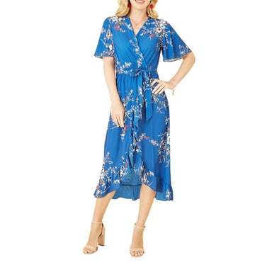 Mela London - Wickelkleid für Damen, V-Ausschnitt, Flatter-Ärmel (Blau)