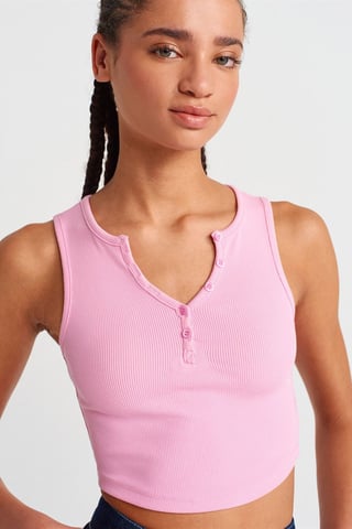 Damen Ripp-Crop-Bluse mit Knöpfen