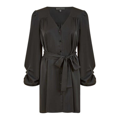 Mela London - Mini Shirt Dress für Damen, V-Ausschnitt, Ballonärmel (Schwarz)