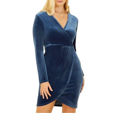 Mela London - Wickelkleid für Damen, Samt, Langärmlig (Blau)