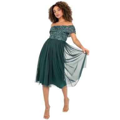 Maya Deluxe - Midikleid für Damen, Schulterfrei, kurzärmlig (Smaragd)