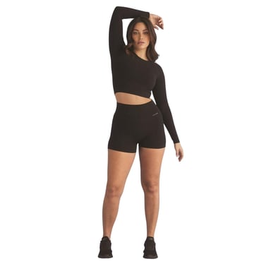 USA Pro - Kurzes Top für Damen, Nahtlos, Langärmlig (Schwarz)