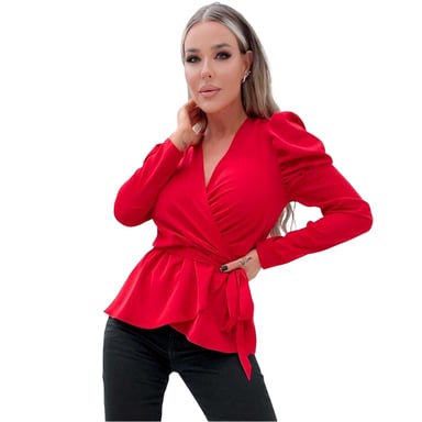 AX Paris - Wickel-Oberteil für Damen, Mit Gürtel, Puffärmel (Rot)