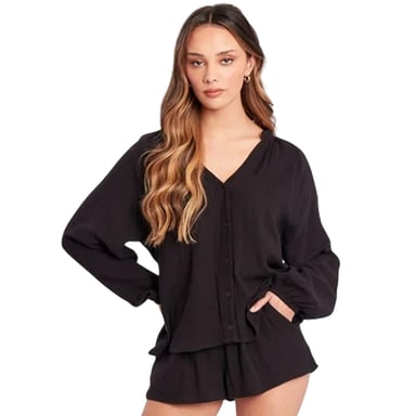 Influence - Set Oberteil & Shorts für Damen, V-Ausschnitt, Langärmlig (Schwarz)