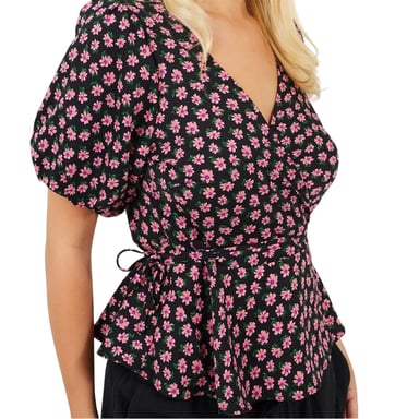 Brave Soul - Wickel-Oberteil für Damen, V-Ausschnitt, Puffärmel (Schwarz/Pink)