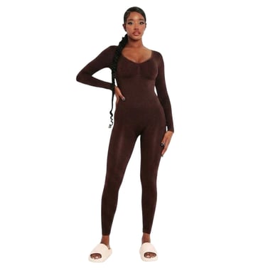 Missy Empire - Jumpsuit für Damen, Plunge-BH, Bodycon, Langärmlig (Schokolade)