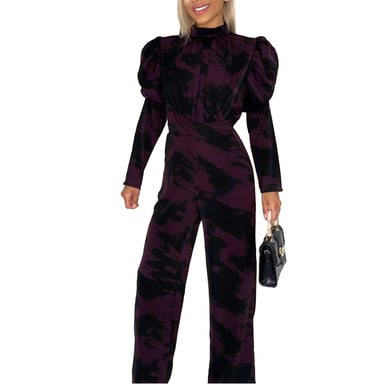 AX Paris - Jumpsuit für Damen, Polyester, Weites Bein, Puffärmel (Weinrot)