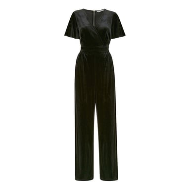 Yumi - Jumpsuit für Damen, V-Ausschnitt, Samt, Engelsärmel (Schwarz)