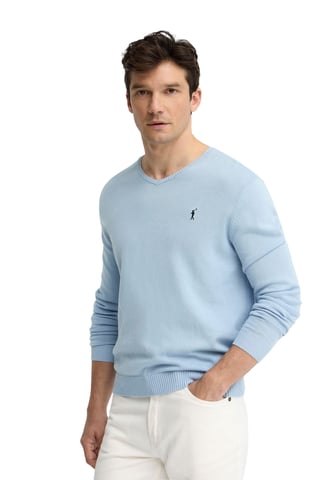 Pullover hellblau mit V-Kragen und Rigby Go Stickerei