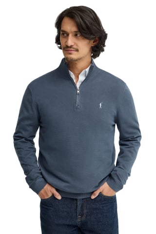 Pullover denimblau mit Zip-Kragen und Rigby Go Logo