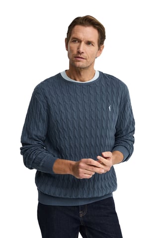 Strickpullover denimblau mit Zopfmuster und Rigby Go Logo