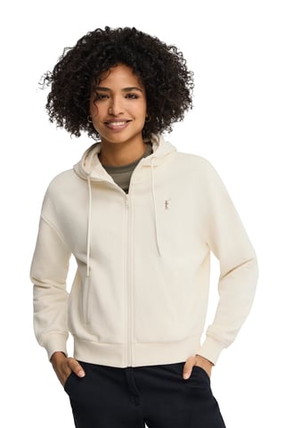 Sweatshirt ecru mit Kapuze, Reißverschluss und Rigby Go Stickerei