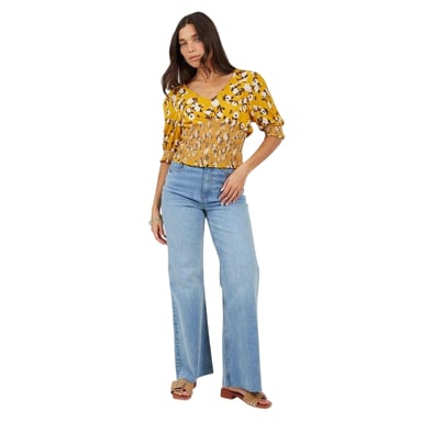 Brave Soul - Bluse für Damen, V-Ausschnitt, Puffärmel (Floral/Gelb)