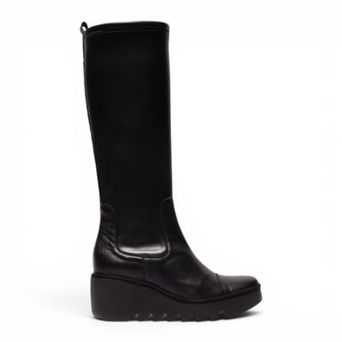Fly London Damen Schwarze Lederstiefel mit hohem Keilabsatz – BUDI603