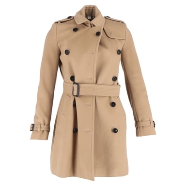Burberry zweireihiger, gegürteter Kurzmantel aus brauner Wolle