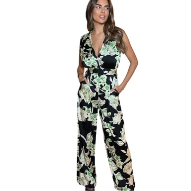 AX Paris - Jumpsuit für Damen, V-Ausschnitt, Ärmellos (Schwarz/Grün)