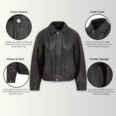 Damen Schwarze Leder-Biker Blouson Bomber Oversize-Jacke – Sibiu