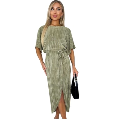 AX Paris - Midikleid für Damen, Stoffgürtel, Plissee, kurzärmlig (Helles Khaki)