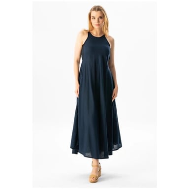 Sima Langes Sommerkleid aus Träger-Şile-Stoff, Marineblau LCVT