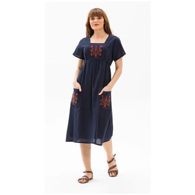 Kurzärmeliges Sommerkleid aus Shile-Stoff in Übergröße, Angel-Midi-Länge, Marineblau, LCVT