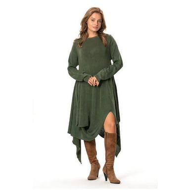 Handan Langarm-Strickkleid mit asymmetrischem Schnitt, fließend, Midi-Länge, Khaki, HK