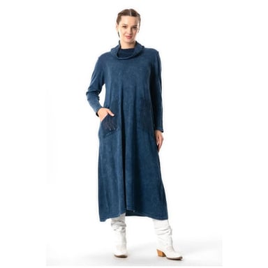 Langärmliges Strickkleid mit weitem Rollkragen, Taschen, Sevda, Herbst- und Winterkleid, Indigo