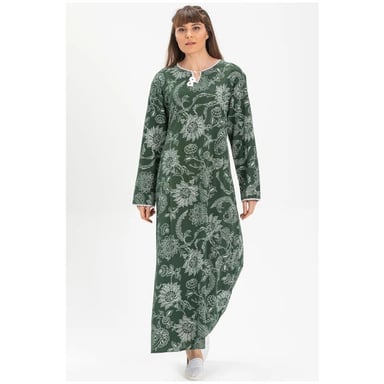 Langärmliges Sommerkleid in Übergröße aus bedrucktem Şile-Stoff mit Platanenmuster, Grün, YSL