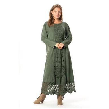 Langärmliges, khakifarbenes Strickkleid mit ethnischem Muster von Sena für Herbst und Winter (HK)