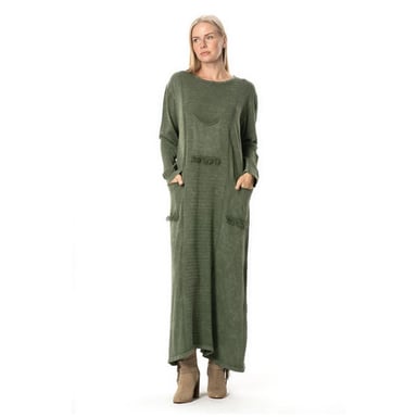 Langärmeliges Strickkleid mit genarbten Taschen, Herbst und Winter, Khaki.